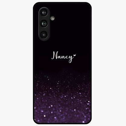 Glittery Purple Bokeh Custom Name Glass Case showing flat back view with purple bokeh sparkle artwork and personalized name design.