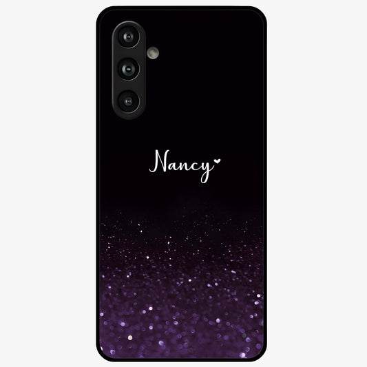 Glittery Purple Bokeh Custom Name Glass Case showing flat back view with purple bokeh sparkle artwork and personalized name design.