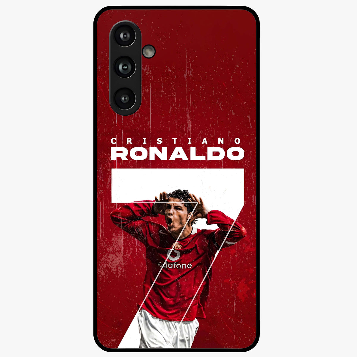 Goal Celebration Legacy Glass Case showing flat back view with football celebration inspired artwork and glossy glass finish.