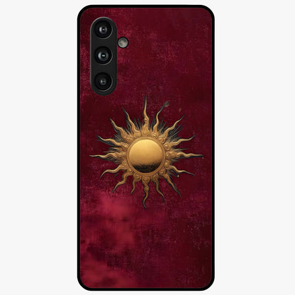 Gold Sun Blush Glass Case showing flat back view with golden sun inspired artwork and glossy glass finish.