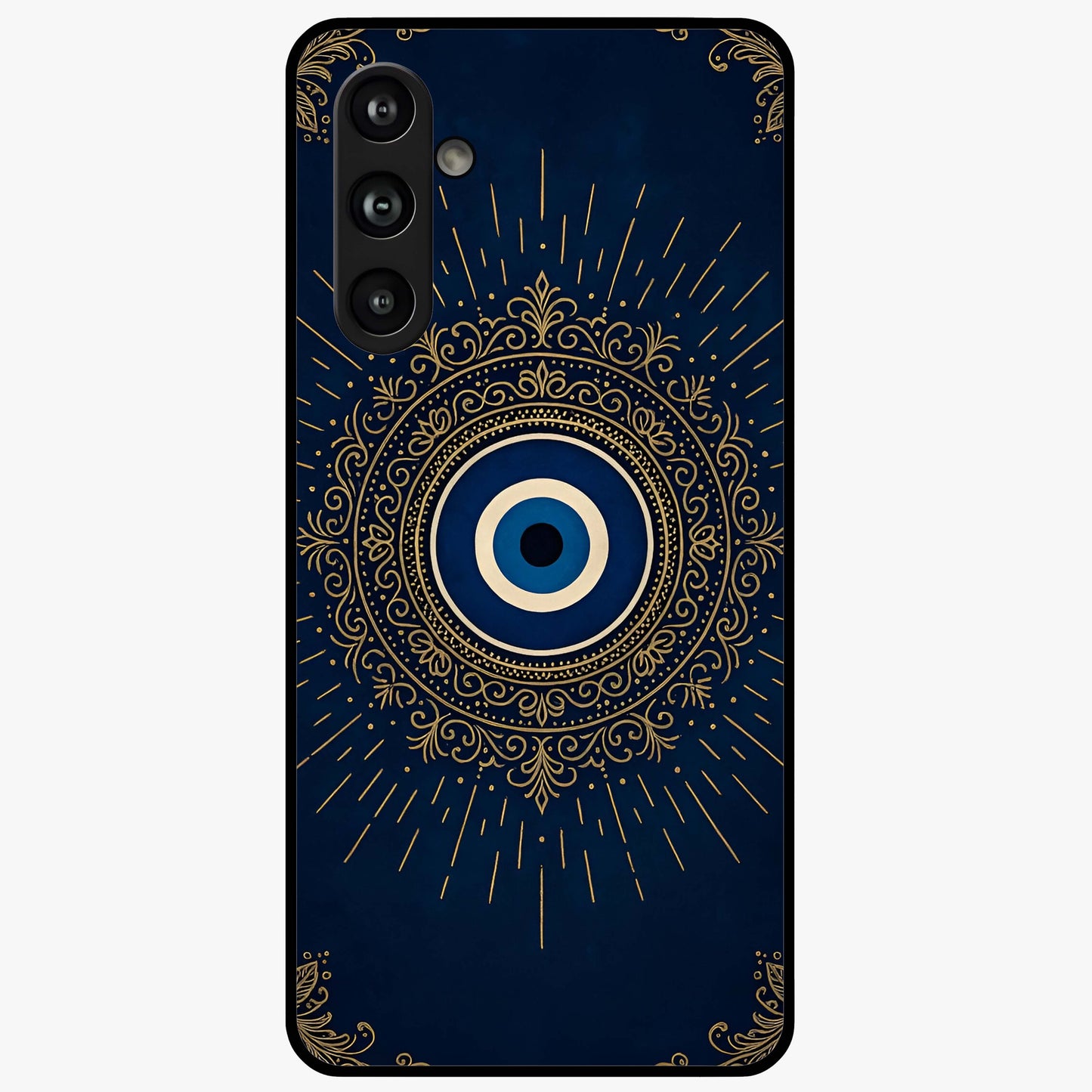 Golden Evil Eye Mandala Glass Case showing flat back view with intricate evil eye mandala artwork and glossy glass finish.