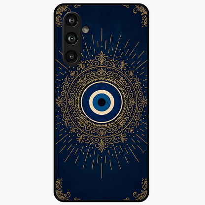 Golden Evil Eye Mandala Glass Case showing flat back view with intricate evil eye mandala artwork and glossy glass finish.