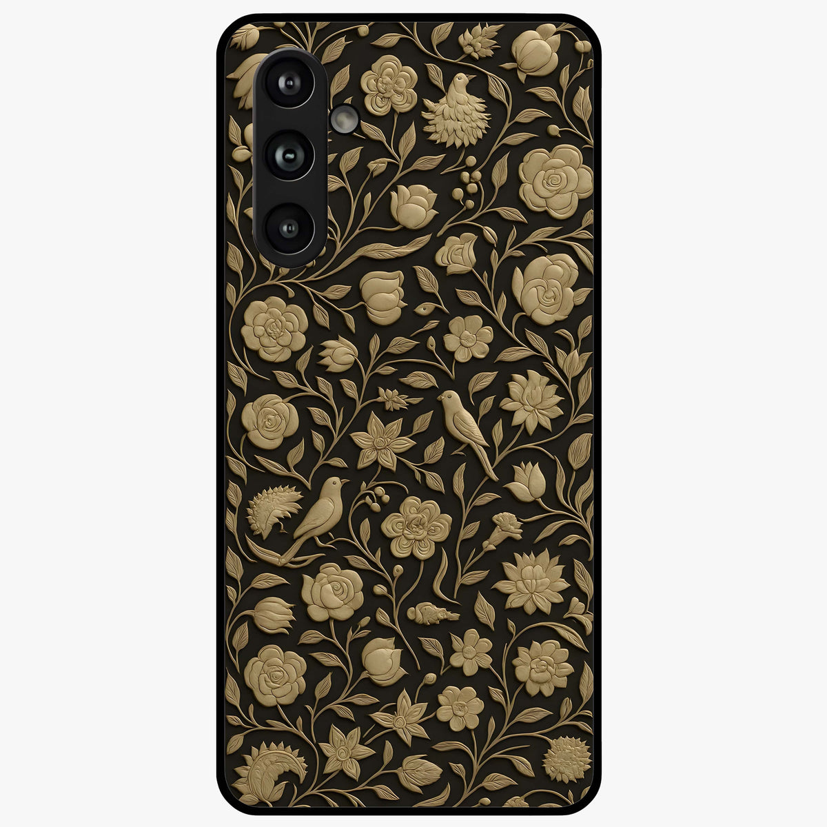 Golden Floral Majesty Glass Case showing flat back view with luxurious golden floral artwork and glossy glass finish.