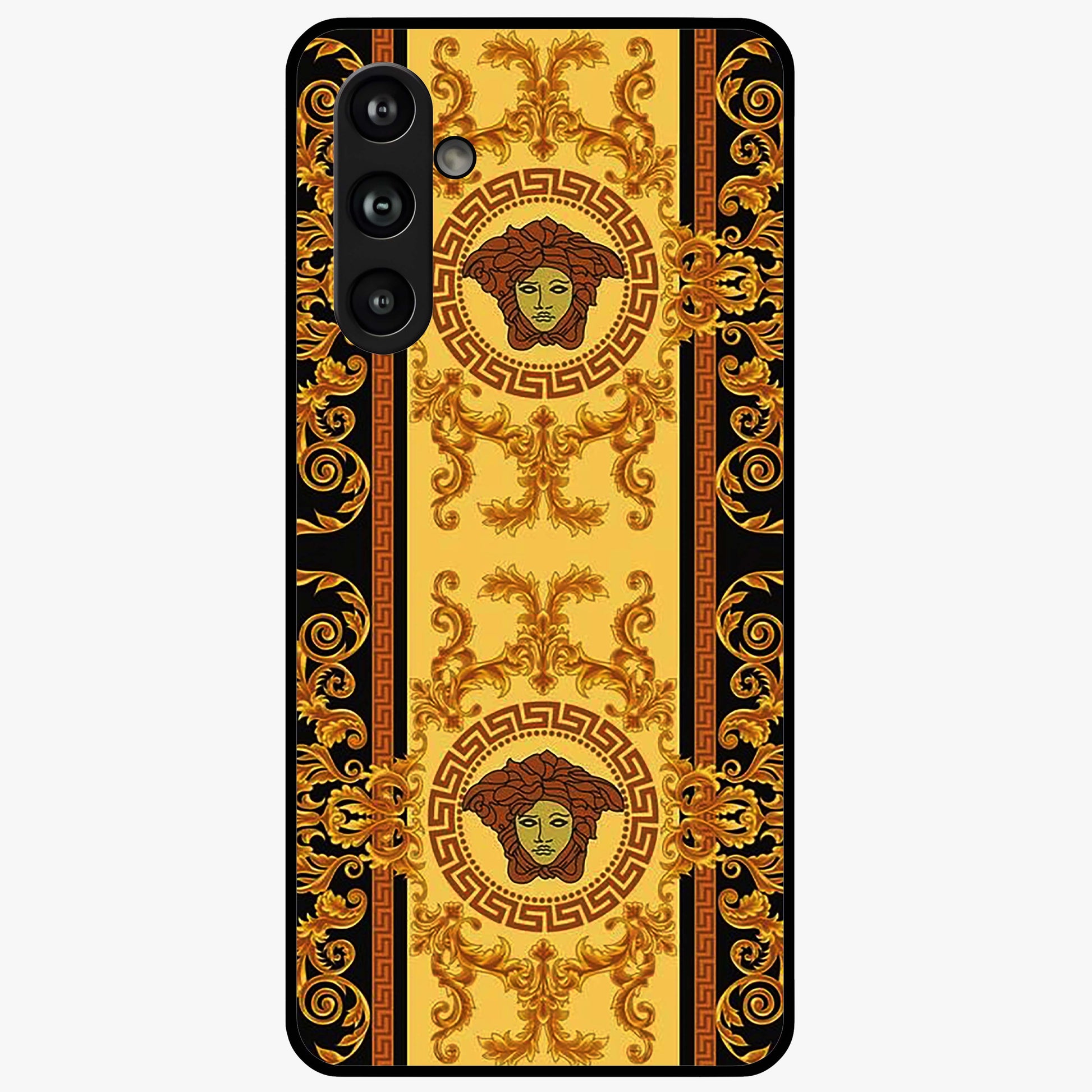 Golden Royal Heritage Glass Case showing flat back view with ornate royal pattern artwork and glossy glass finish.
