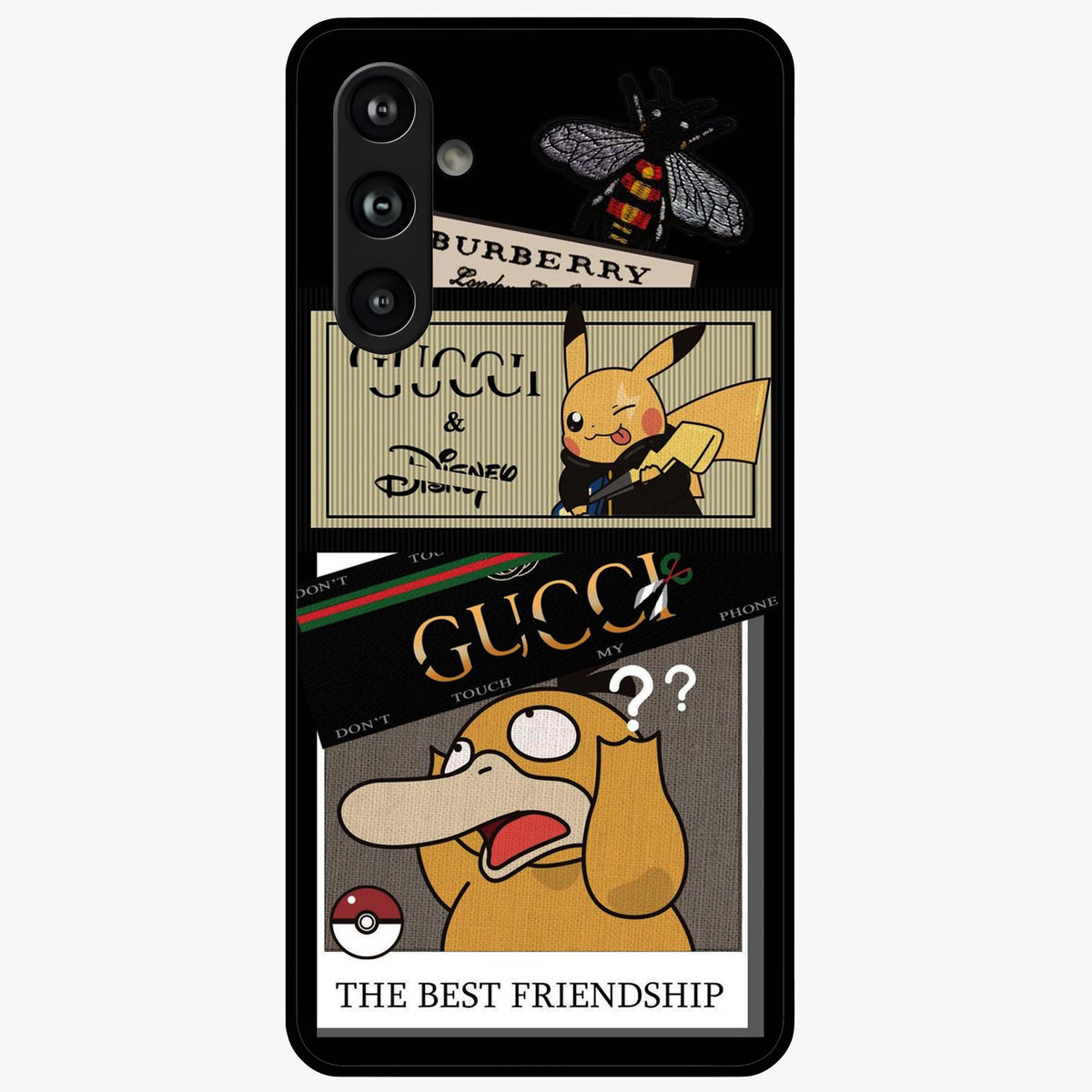 Gucci Play Mashup Glass Case showing flat back view with luxury inspired graphic artwork and glossy glass finish.