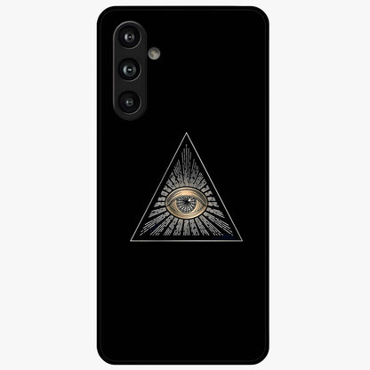 Illuminati Evil Glass Case showing flat back view with mysterious illuminati symbol artwork and glossy glass finish.