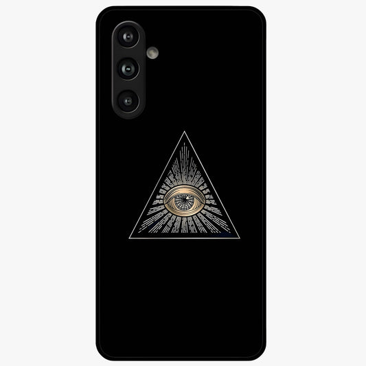 Illuminati Evil Glass Case showing flat back view with mysterious illuminati symbol artwork and glossy glass finish.