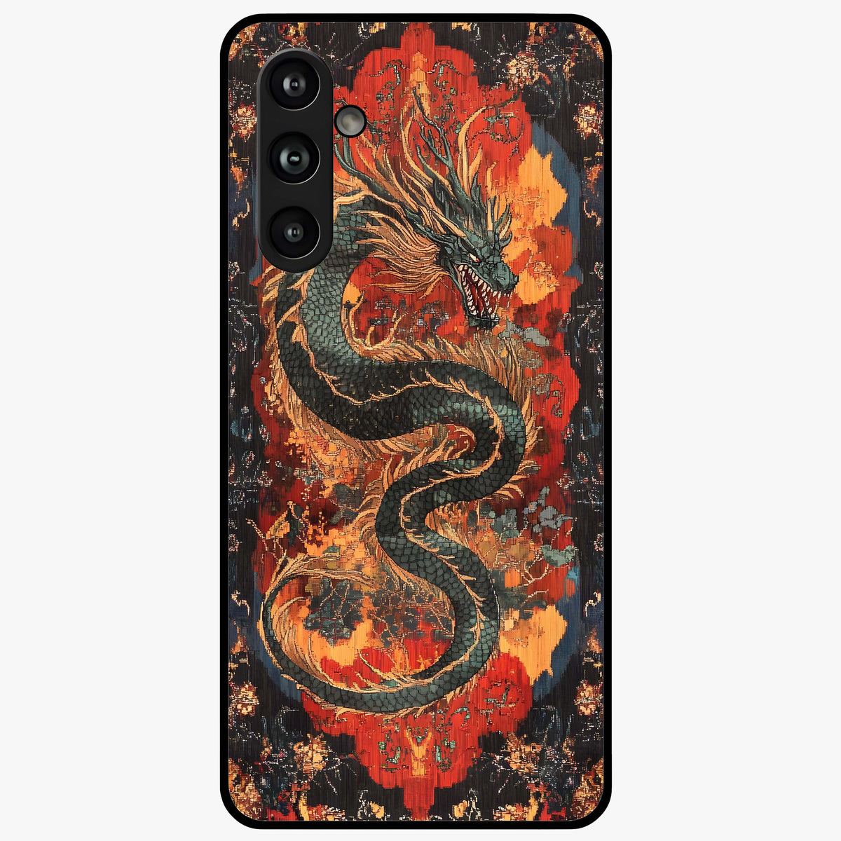 Inferno Dragon Soul Glass Case showing flat back view with fiery dragon artwork and glossy glass finish.