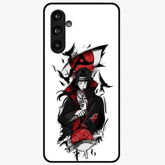 Itachi Sharingan Glass Case showing flat back view with powerful anime eye artwork and glossy glass finish.