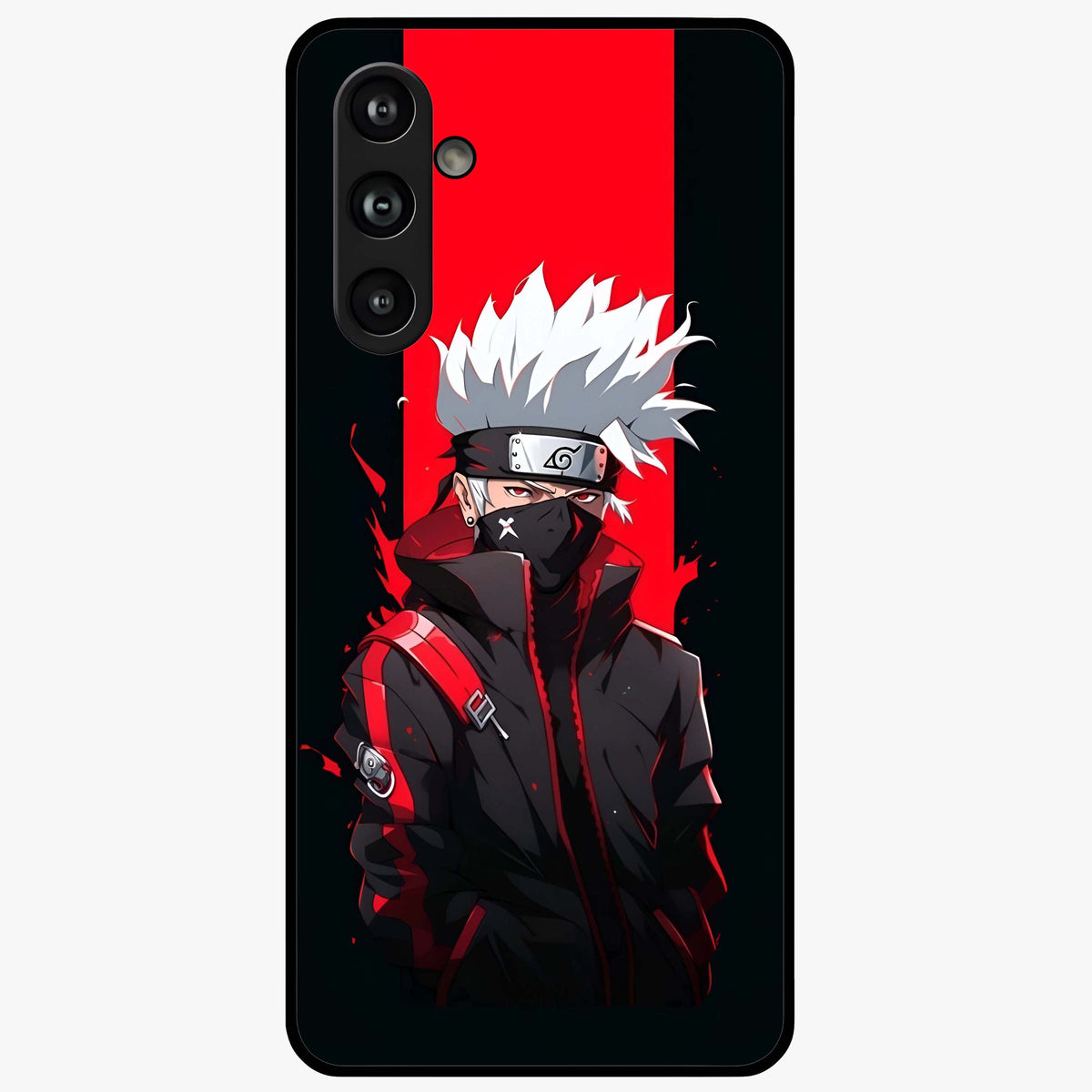 Kakashi Scarlet Shadow Glass Case showing flat back view with powerful anime ninja artwork and glossy glass finish.
