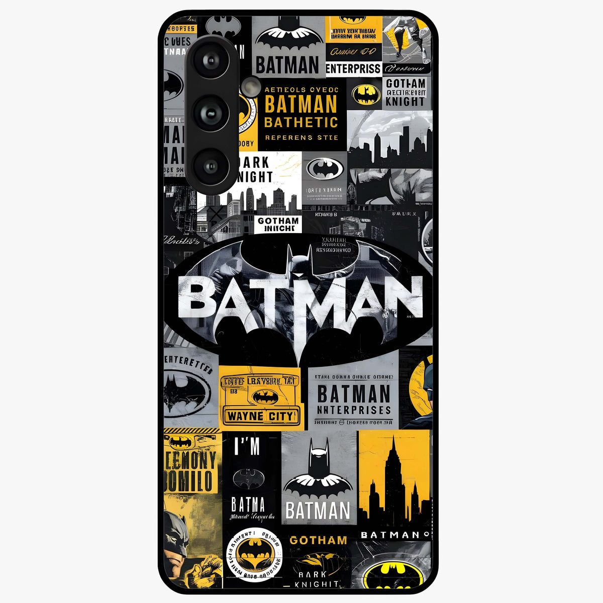 Knight Gotham Rise Glass Case showing flat back view with dark hero inspired artwork and glossy glass finish.