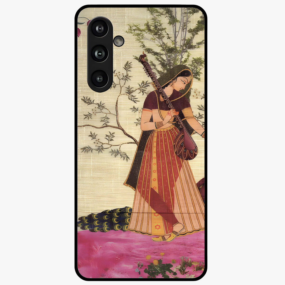 Lady With Veena Art Glass Case showing flat back view with elegant woman playing veena artwork and glossy glass finish.