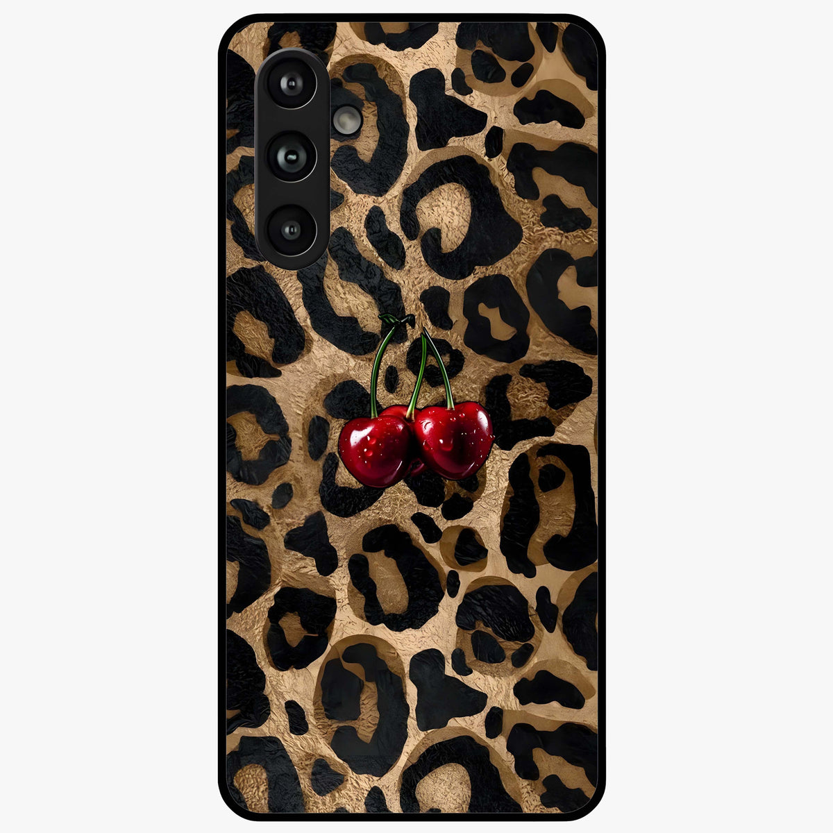 Leopard Wild Cherry Glass Case showing flat back view with leopard pattern and cherry artwork and glossy glass finish.