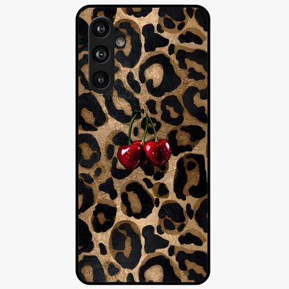 Leopard Wild Cherry Glass Case showing flat back view with leopard pattern and cherry artwork and glossy glass finish.