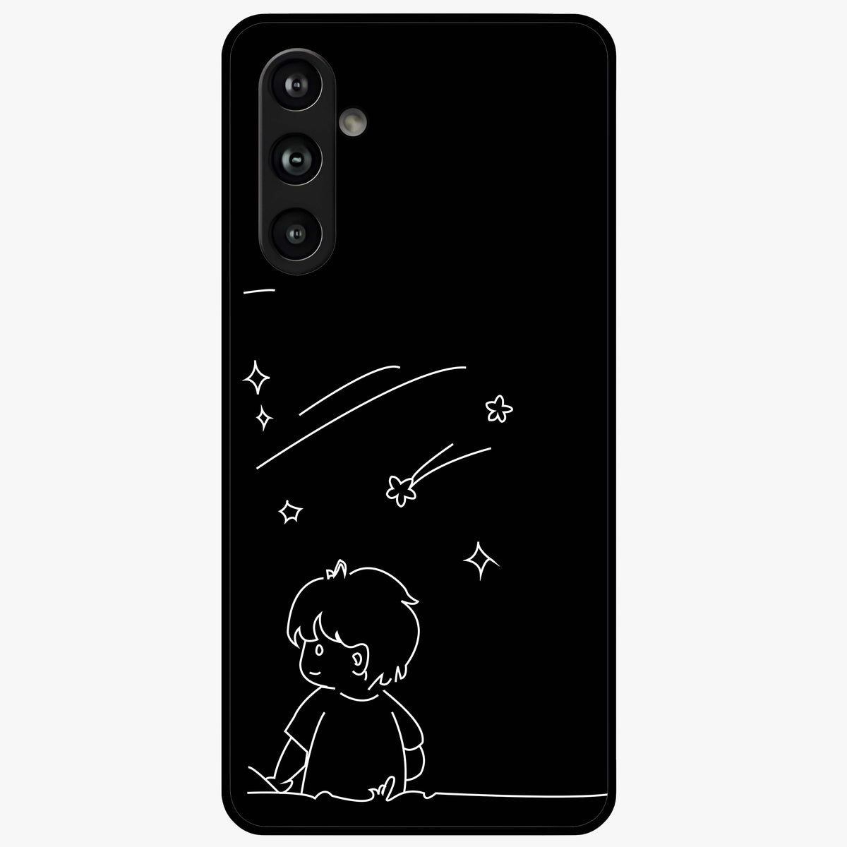 Line Art Boy With Shooting Stars Glass Case showing flat back view with minimal line art boy and shooting stars illustration and glossy glass finish.