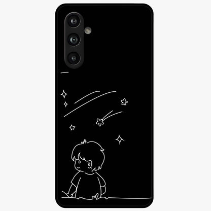 Line Art Boy With Shooting Stars Glass Case showing flat back view with minimal line art boy and shooting stars illustration and glossy glass finish.