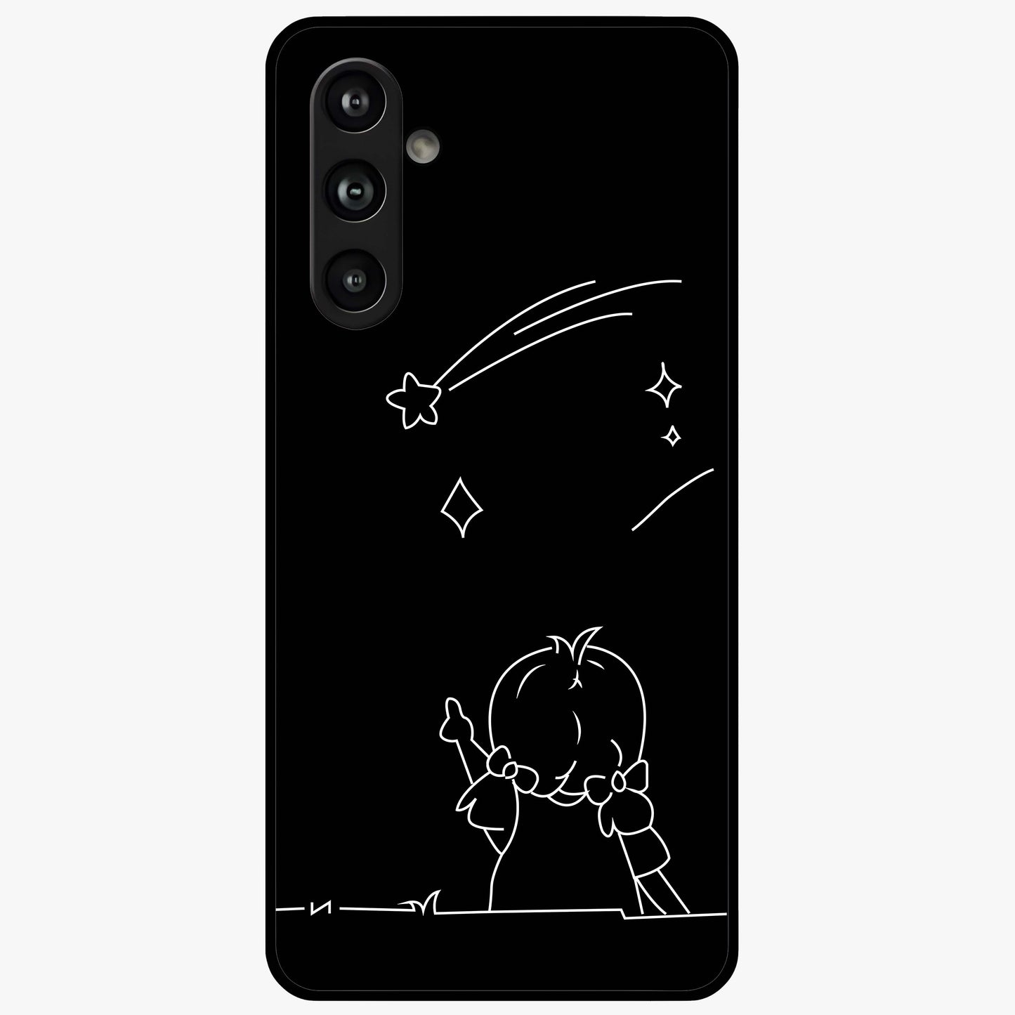 Line Art Girl With Shooting Stars Glass Case showing flat back view with minimal line art girl and shooting stars illustration and glossy glass finish.
