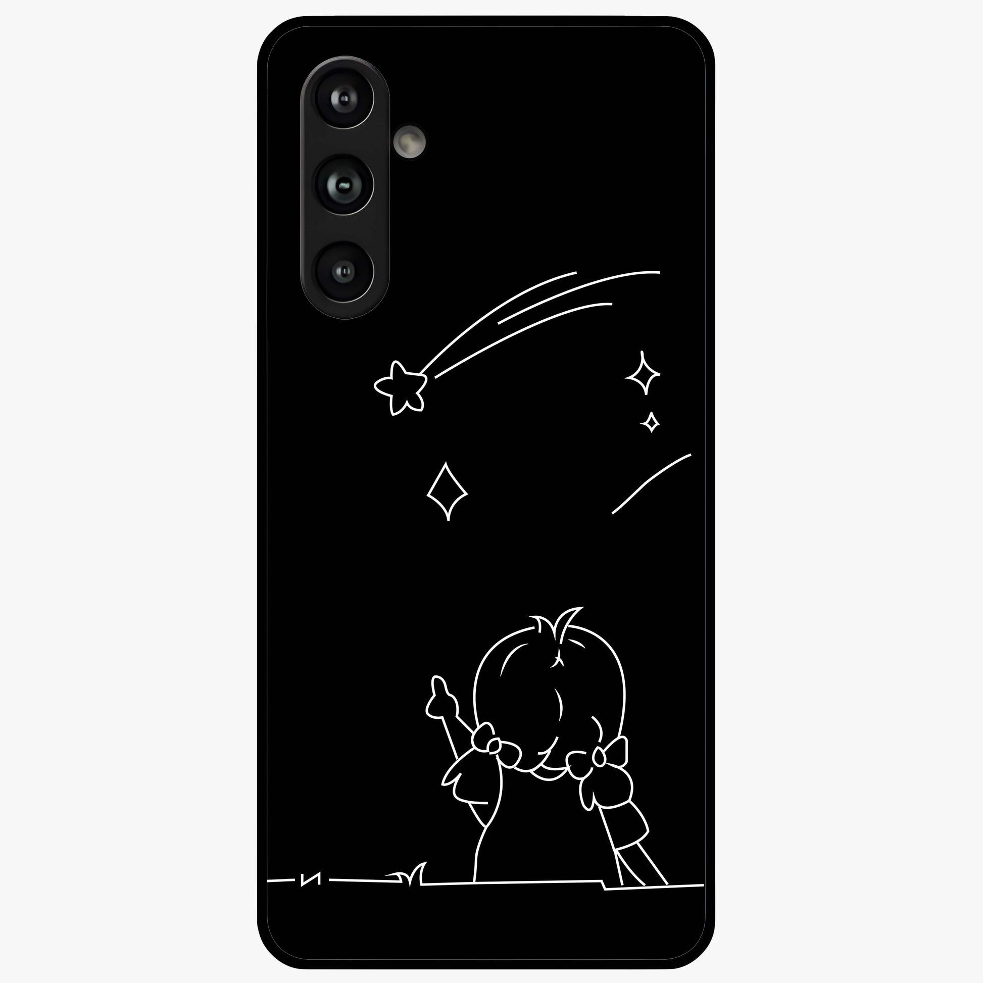 Line Art Girl With Shooting Stars Glass Case showing flat back view with minimal line art girl and shooting stars illustration and glossy glass finish.