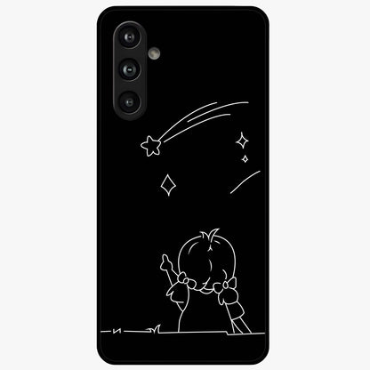 Line Art Girl With Shooting Stars Glass Case showing flat back view with minimal line art girl and shooting stars illustration and glossy glass finish.
