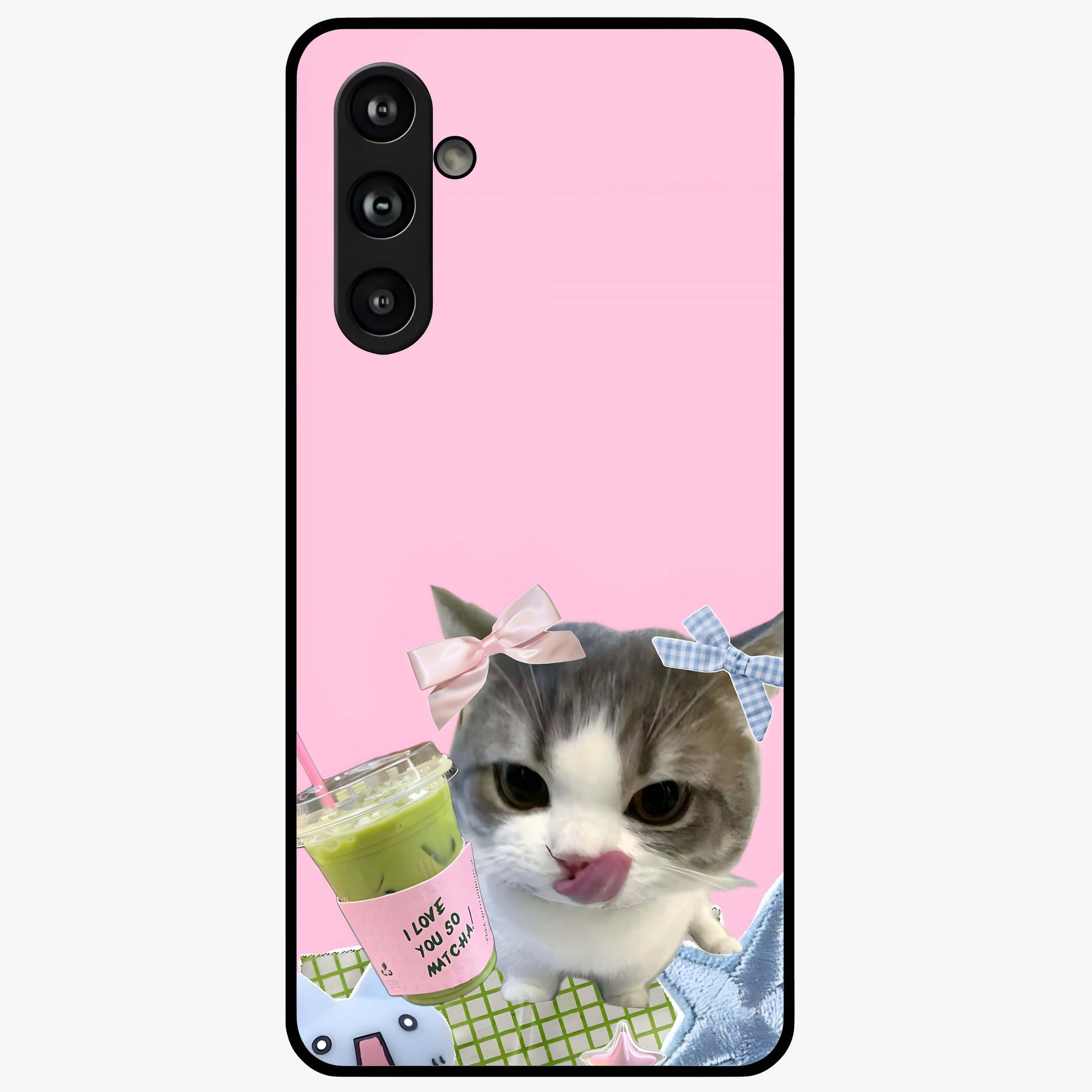 Love Matcha Cat Glass Case showing flat back view with cute cat and matcha themed artwork and glossy glass finish.