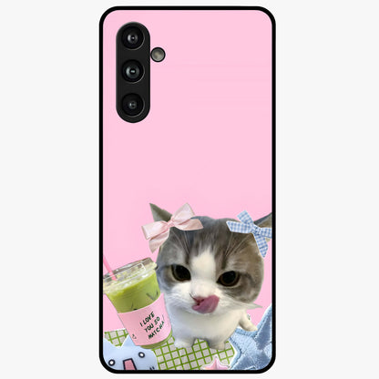 Love Matcha Cat Glass Case showing flat back view with cute cat and matcha themed artwork and glossy glass finish.