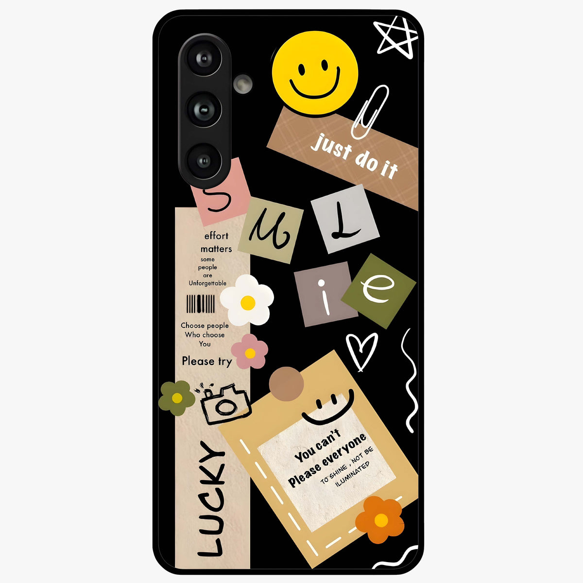 Lucky Aesthetic Collage Glass Case showing flat back view with trendy aesthetic collage artwork and glossy glass finish.