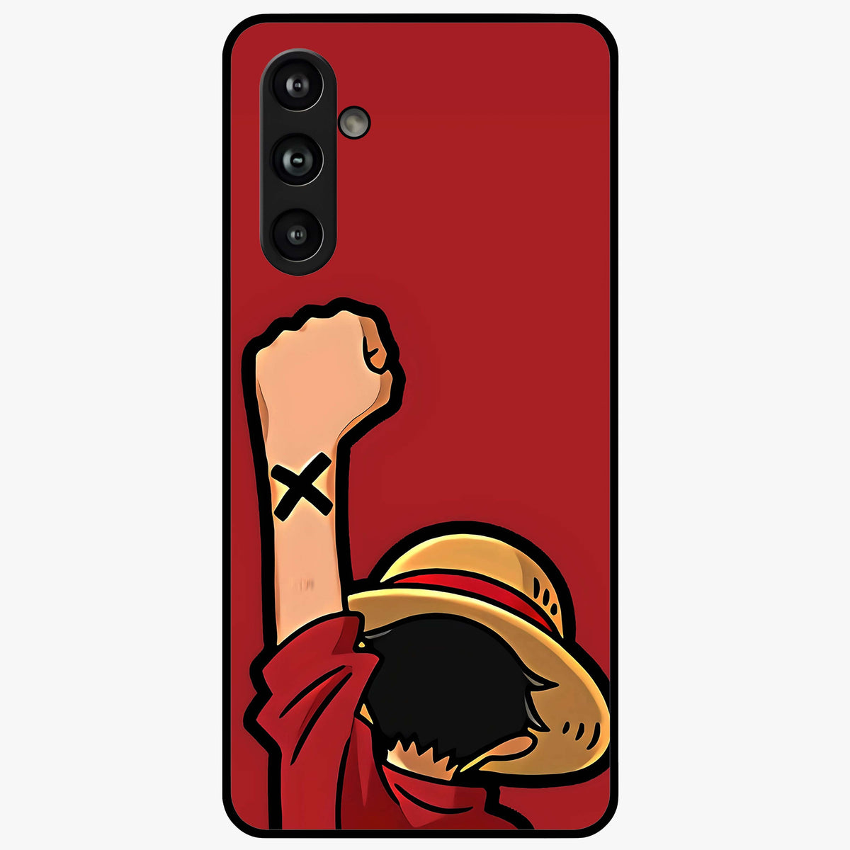 Luffy X Spirit Glass Case showing flat back view with bold anime character artwork and glossy glass finish.