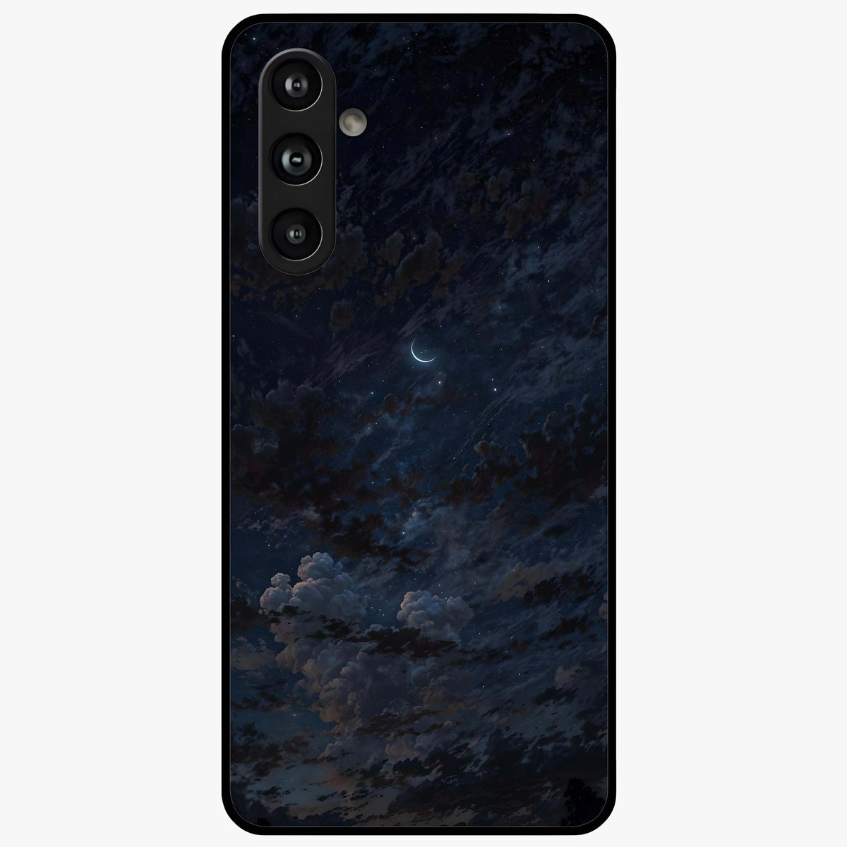 Lunar Veil Silence Glass Case showing flat back view with mystical moon veil artwork and glossy glass finish.
