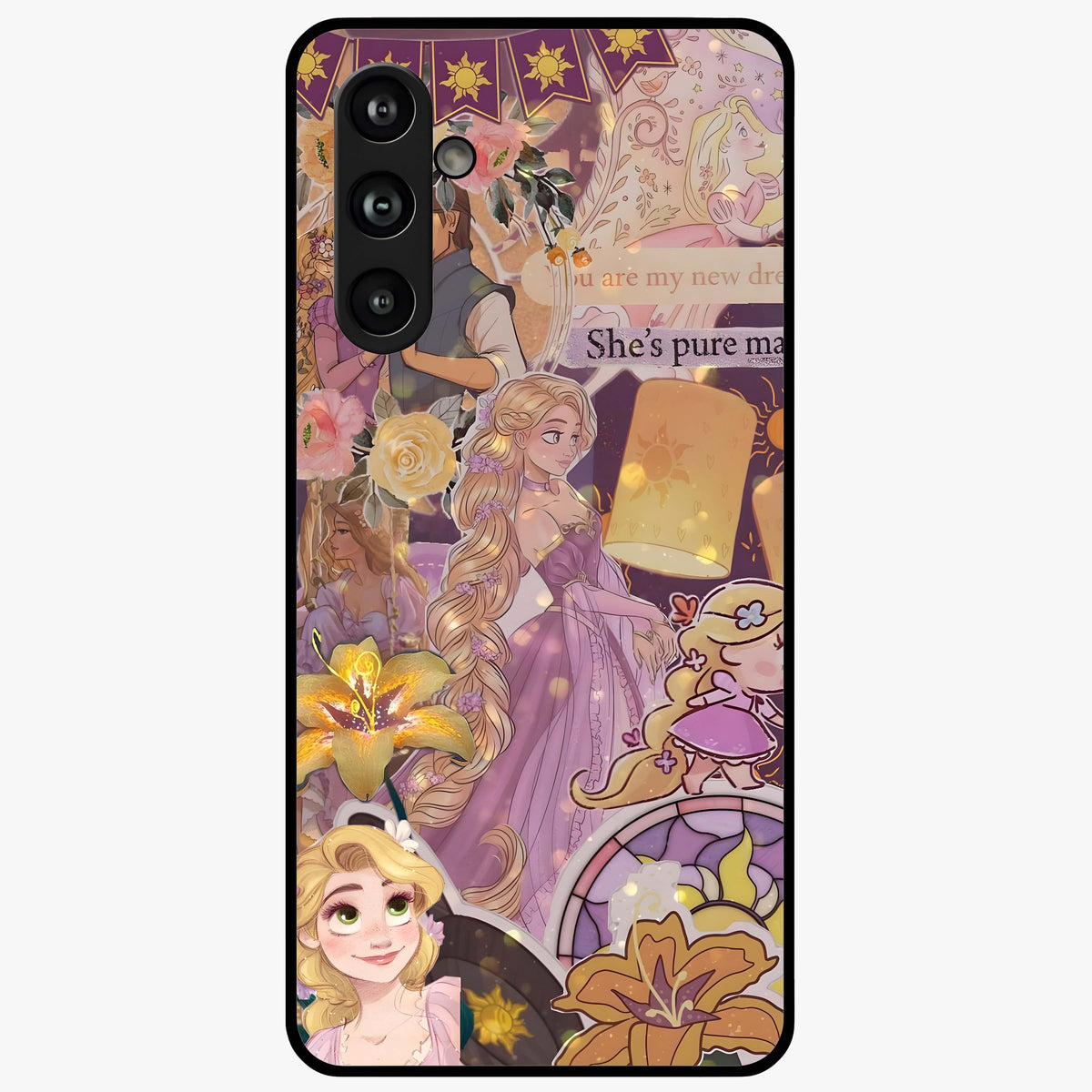 Magical Tangled Dream Glass Case showing flat back view with dreamy tangled artwork and glossy glass finish.