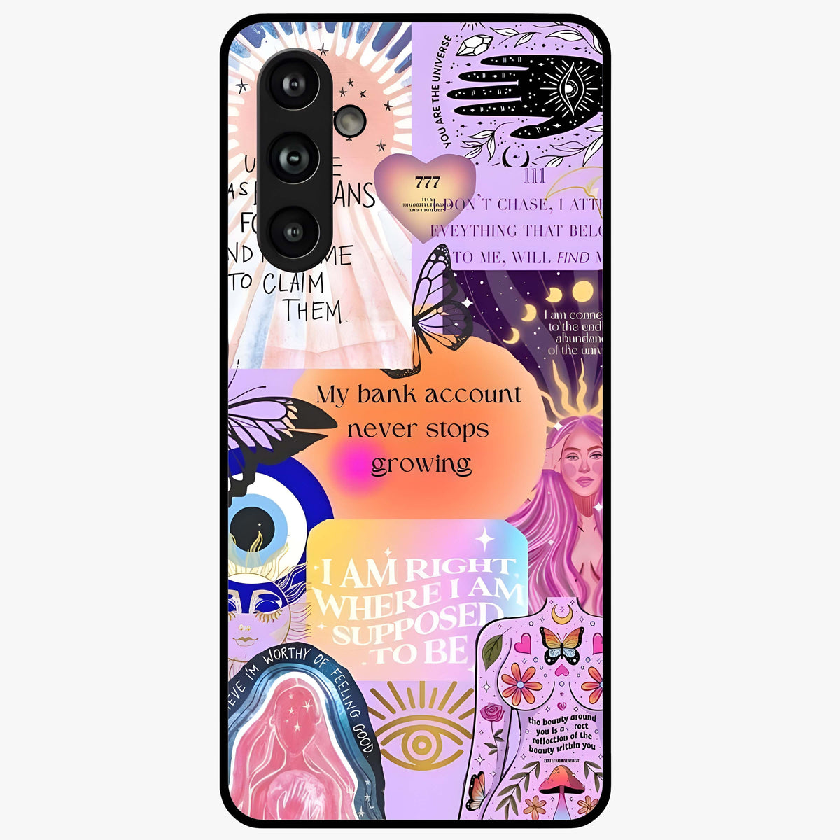 Manifestation Collage Glass Case showing flat back view with motivational collage artwork and glossy glass finish.