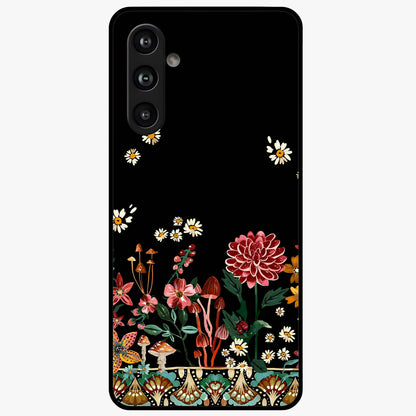 Midnight Bloom Pattern Glass Case showing flat back view with dark floral pattern artwork and glossy glass finish.