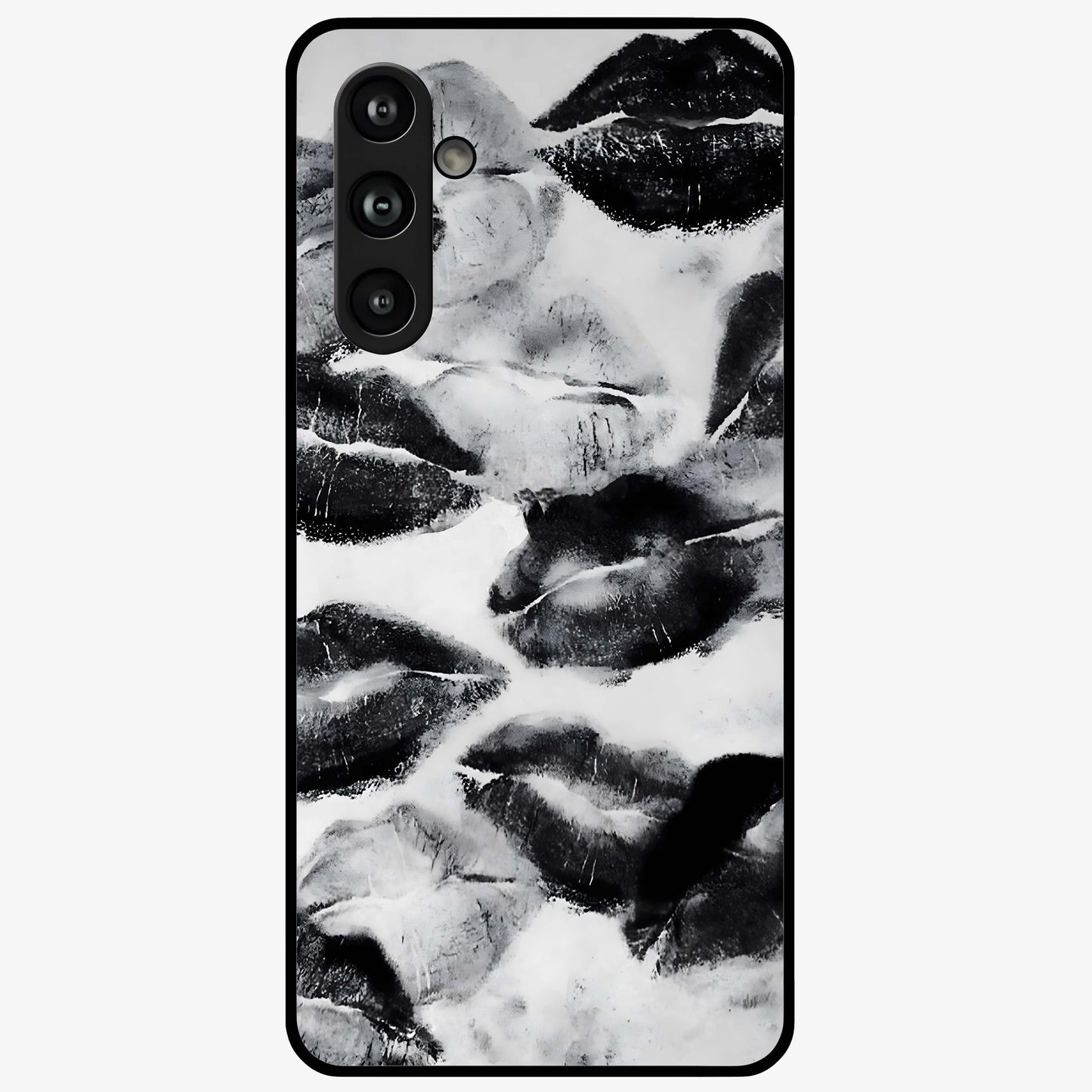 Midnight Kiss Marks Glass Case showing flat back view with lipstick kiss mark artwork and glossy glass finish.