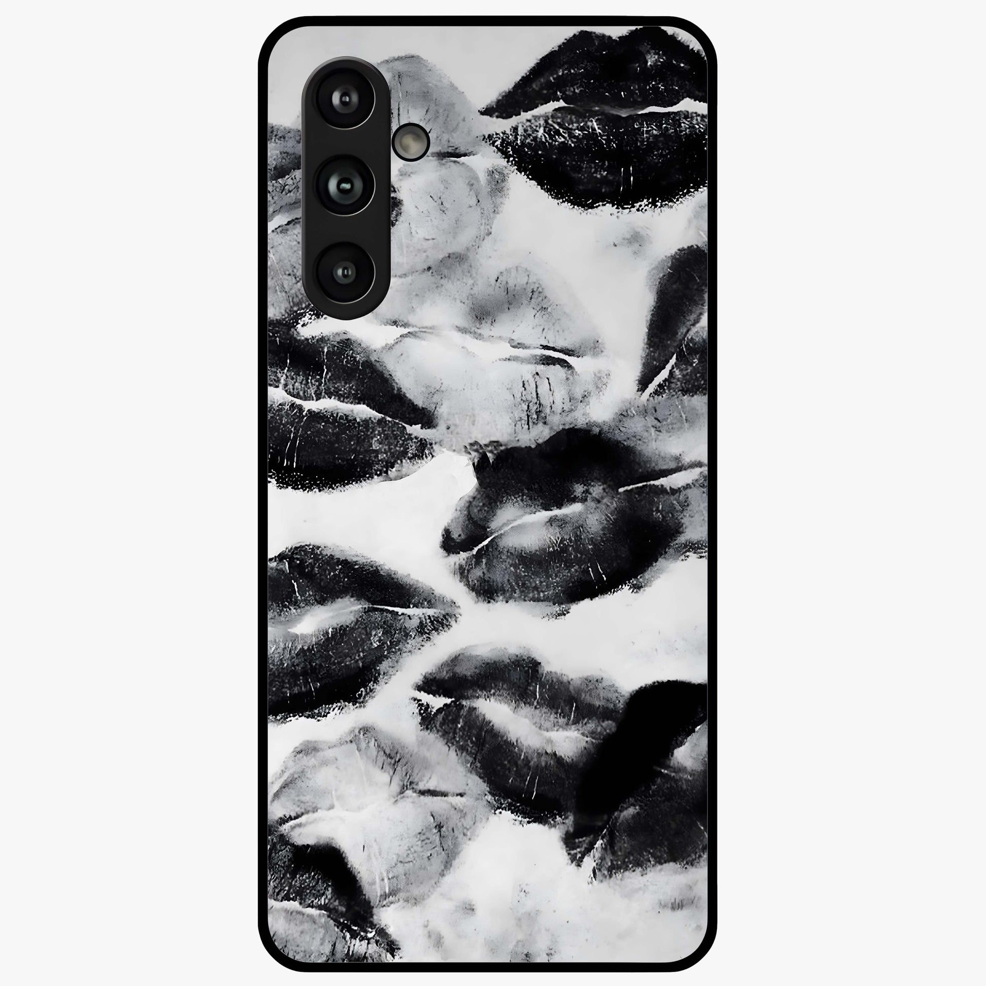 Midnight Kiss Marks Glass Case showing flat back view with lipstick kiss mark artwork and glossy glass finish.