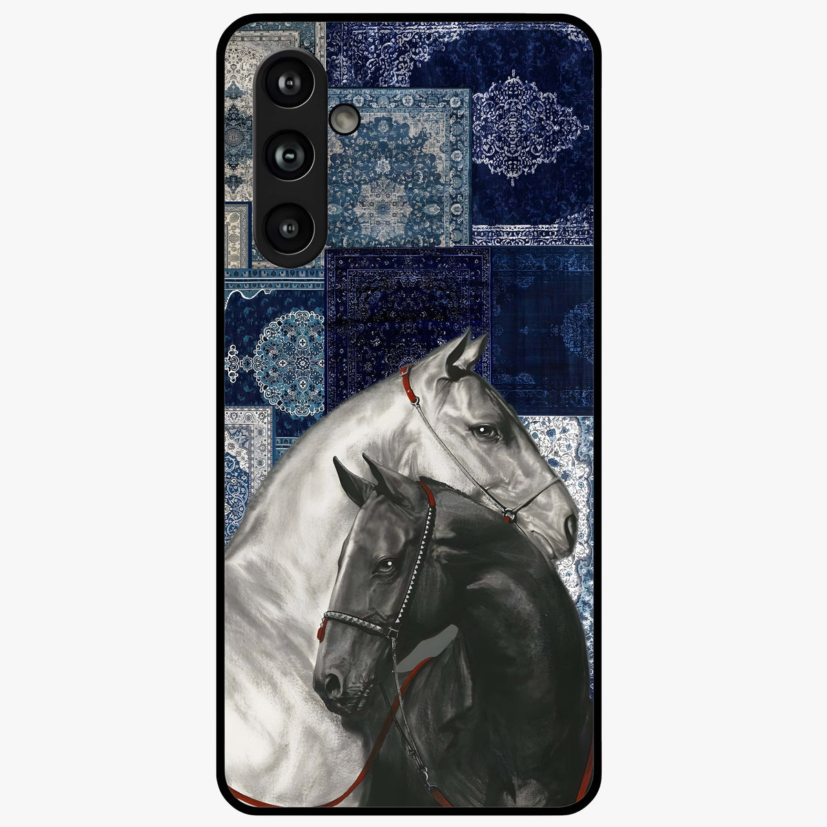 Midnight Stallion Blues Glass Case showing flat back view with majestic horse artwork and glossy glass finish.
