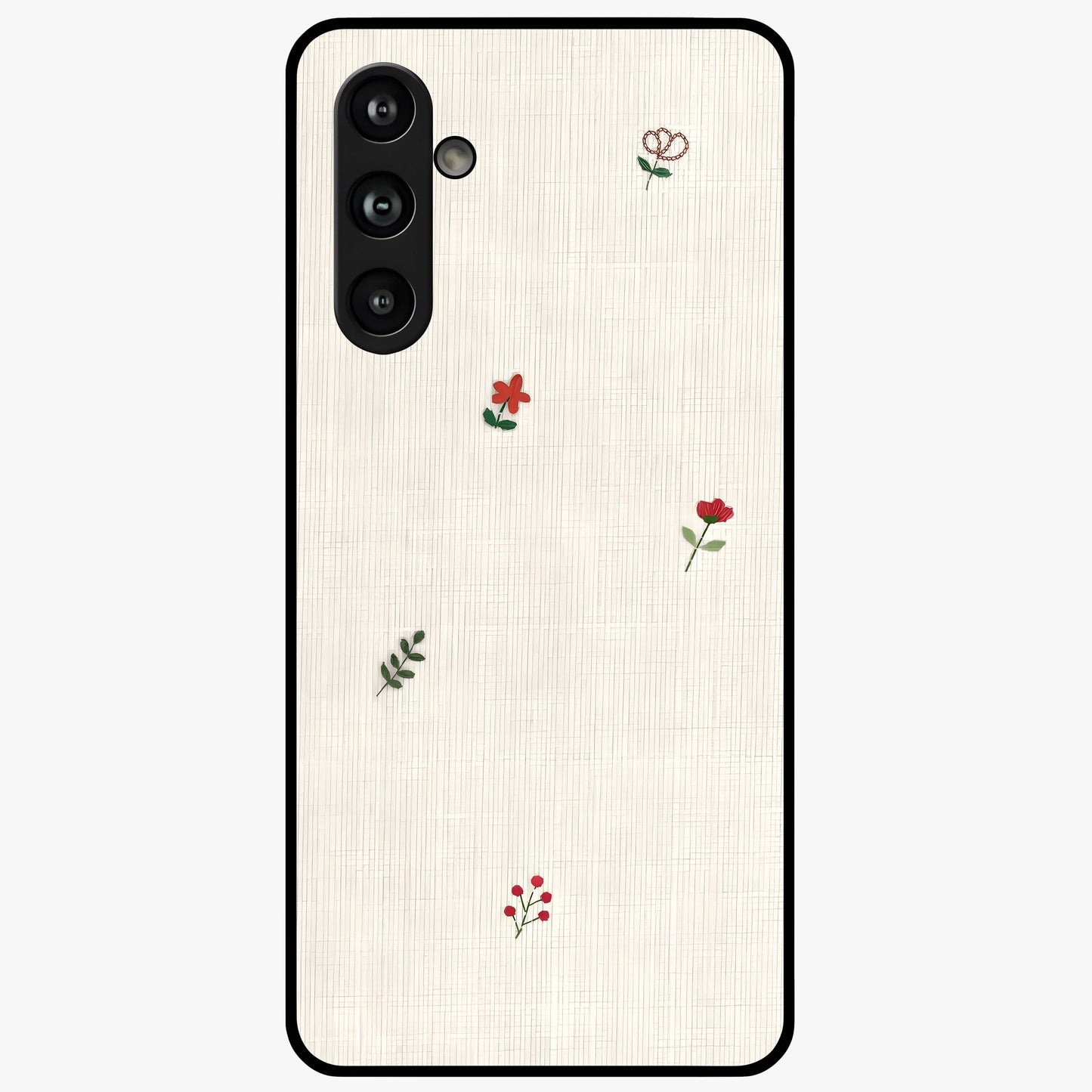 Minimal Petal Whispers Glass Case showing flat back view with soft minimal floral artwork and glossy glass finish.