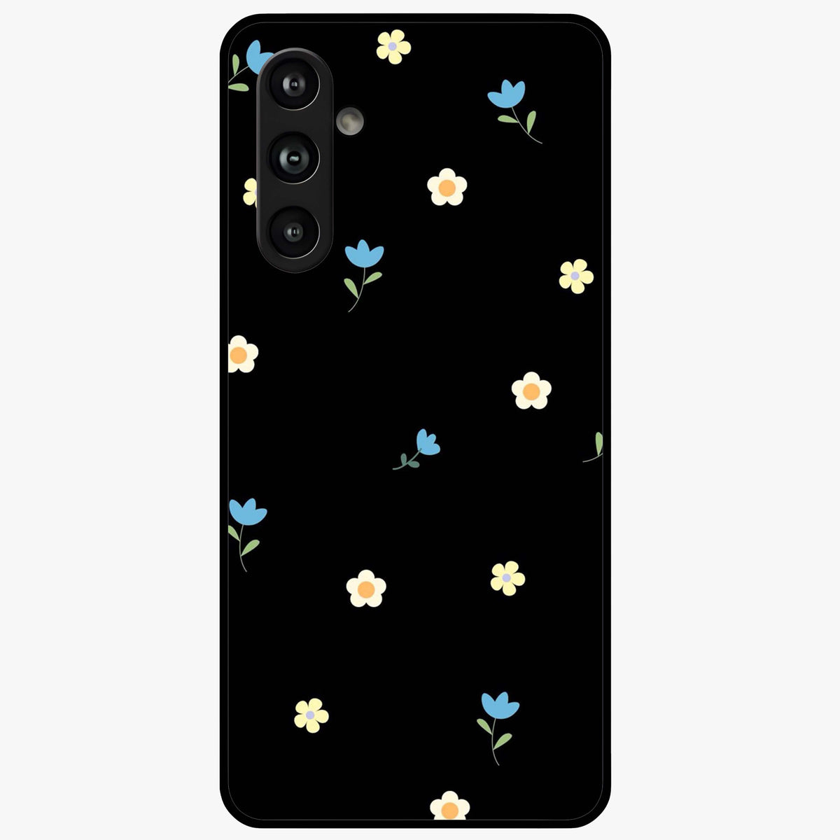 Minimalistic Blue With White Flower Pattern Glass Case showing flat back view with blue background and white flower pattern and glossy glass finish.