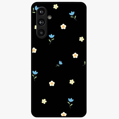 Minimalistic Blue With White Flower Pattern Glass Case showing flat back view with blue background and white flower pattern and glossy glass finish.