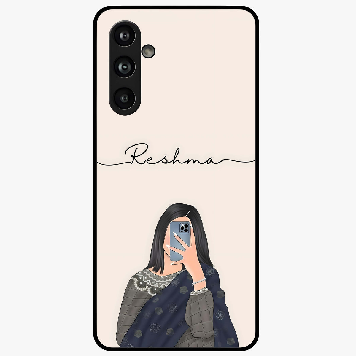 Mirror Mood Muse With Custom Name Glass Case showing flat back view with stylish mirrored artwork and personalized name design.