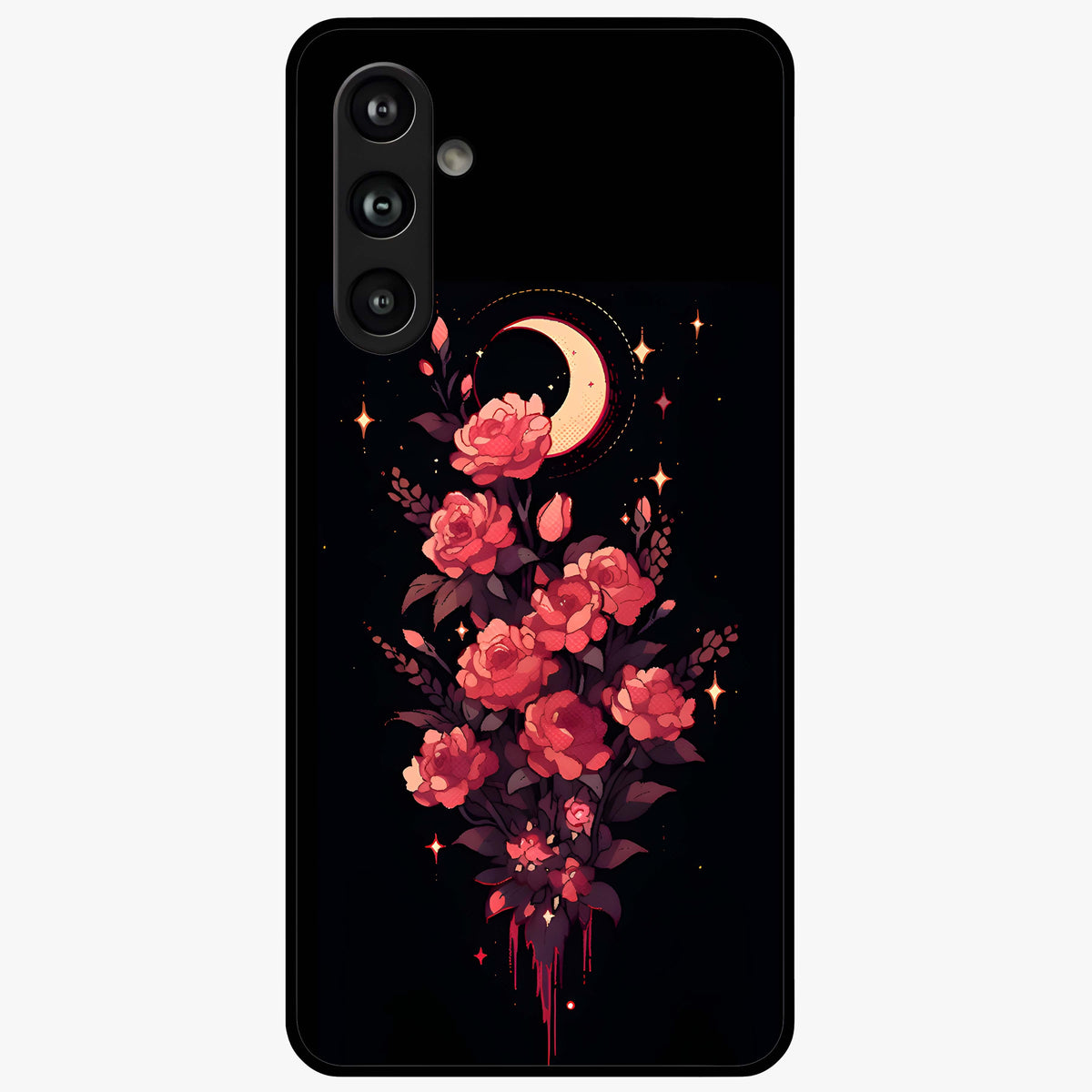 Moonlit Floral Elegance Glass Case showing flat back view with elegant floral artwork under moonlit tones and glossy glass finish.