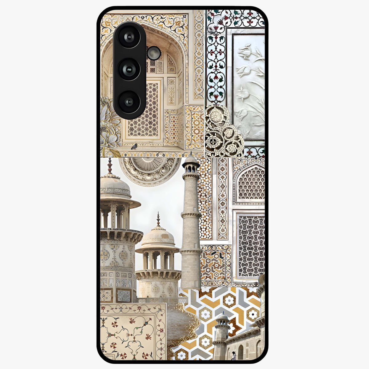 Mughal Marble Legacy Glass Case showing flat back view with intricate Mughal inspired marble pattern and glossy glass finish.