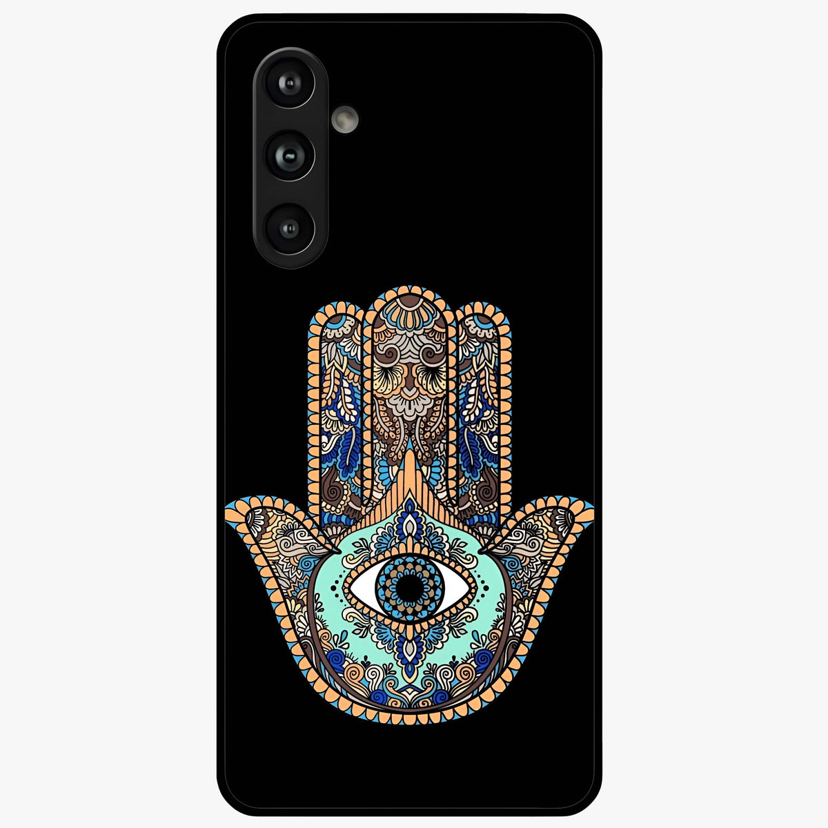 Mystic Hamsa Eye Glass Case showing flat back view with protective hamsa hand and evil eye artwork and glossy glass finish.