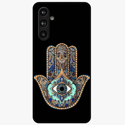 Mystic Hamsa Eye Glass Case showing flat back view with protective hamsa hand and evil eye artwork and glossy glass finish.