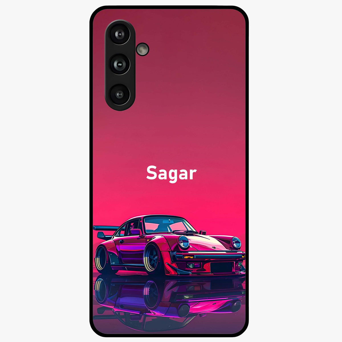Neon Pink Porsche Glass Case showing flat back view with stylish sports car artwork and glossy glass finish.