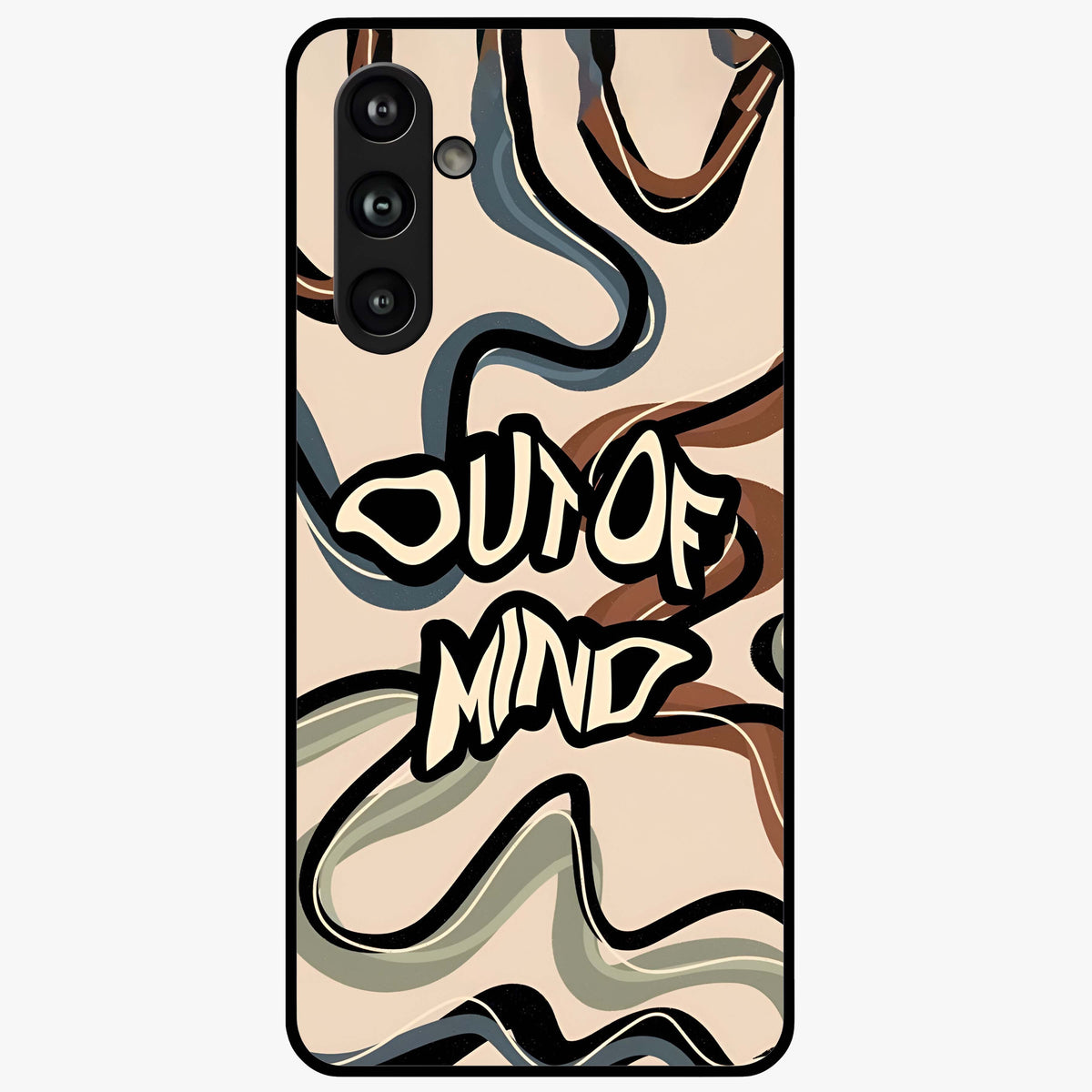 Out Of Mind Glass Case showing flat back view with expressive typography artwork and glossy glass finish.