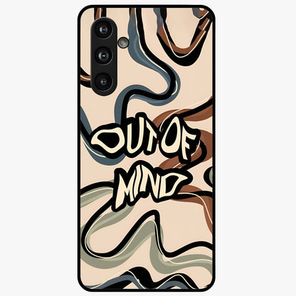 Out Of Mind Glass Case showing flat back view with expressive typography artwork and glossy glass finish.