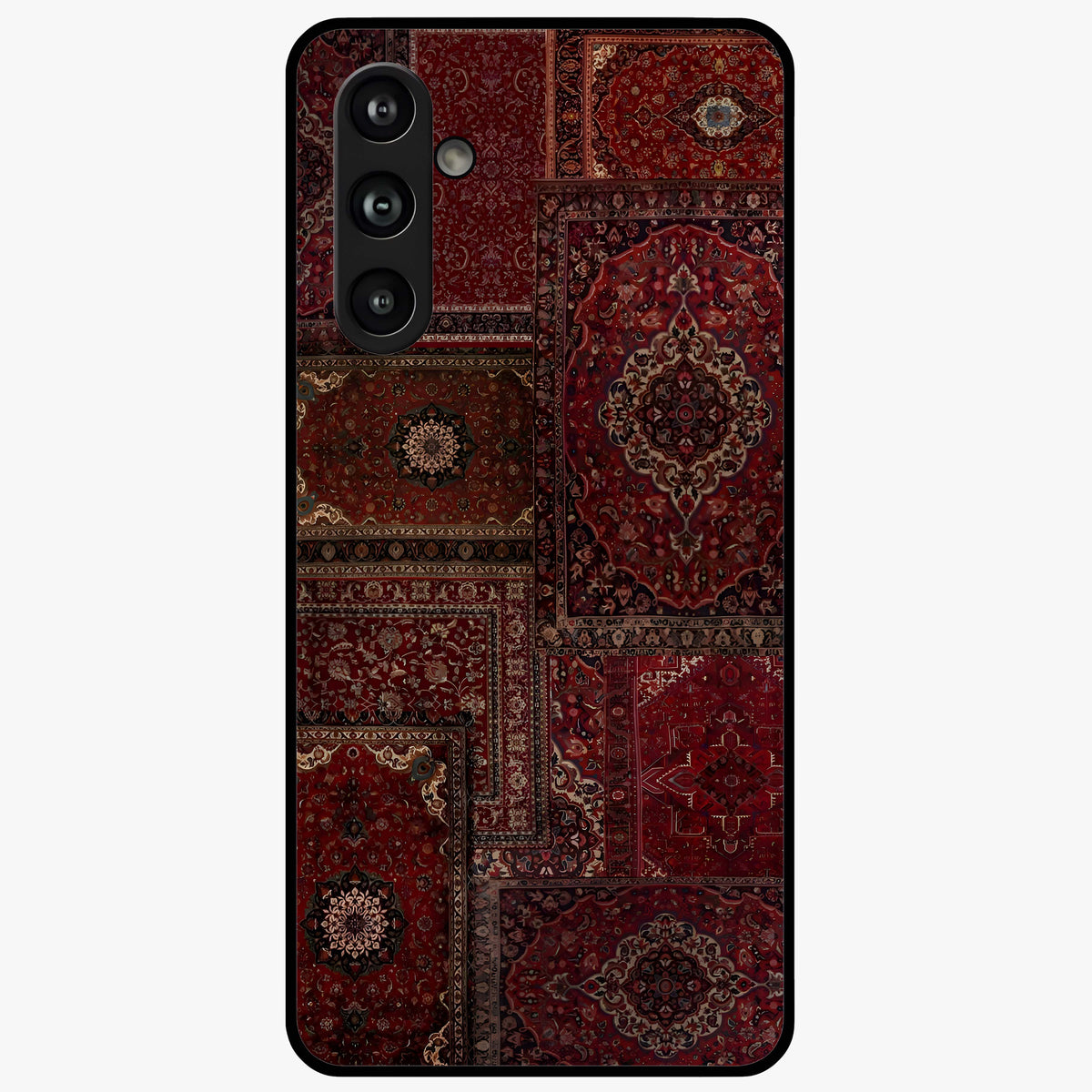 Persian Velvet Tale Glass Case showing flat back view with luxurious Persian velvet pattern artwork and glossy glass finish.