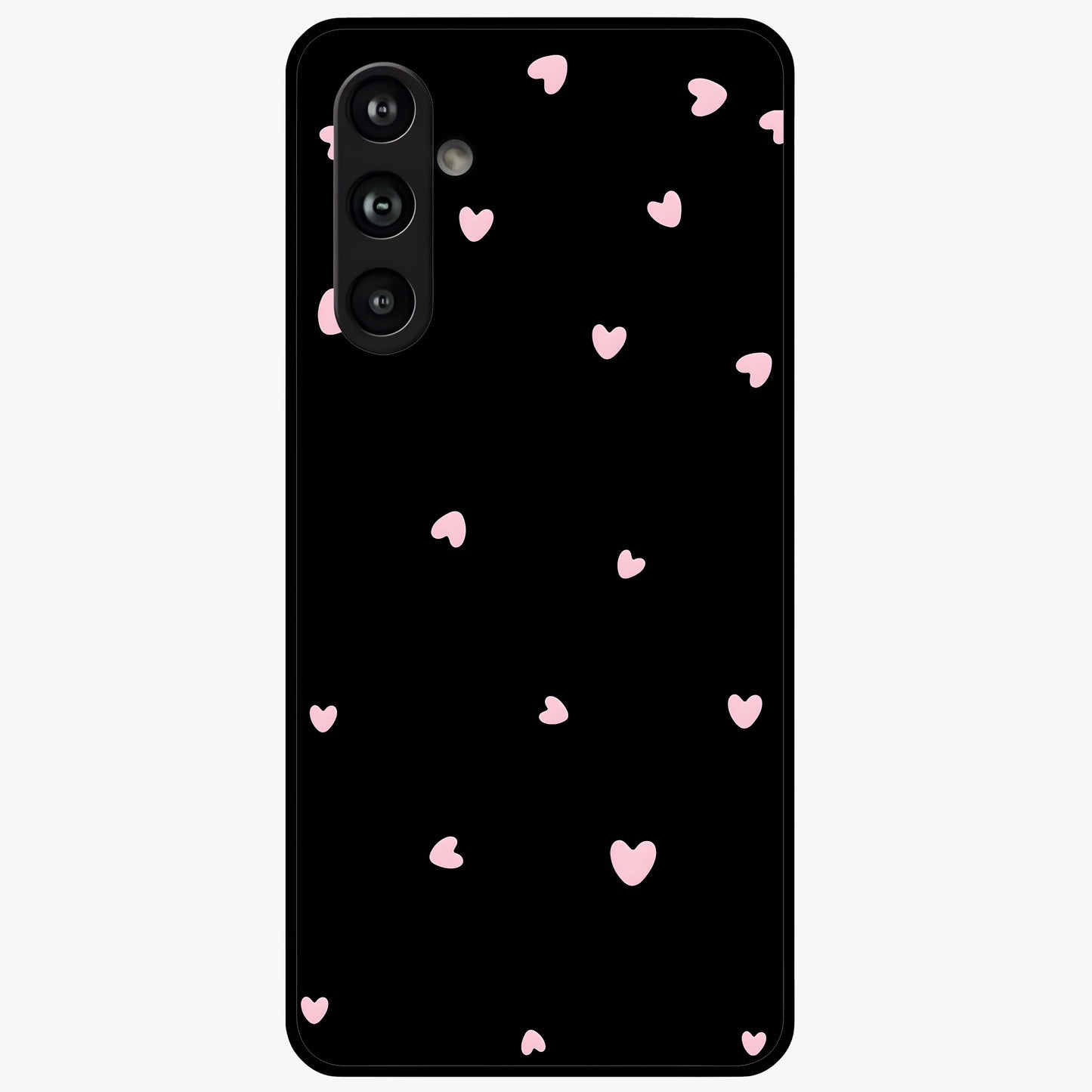 Pink Love Drops Glass Case showing flat back view with playful pink heart drops artwork and glossy glass finish.