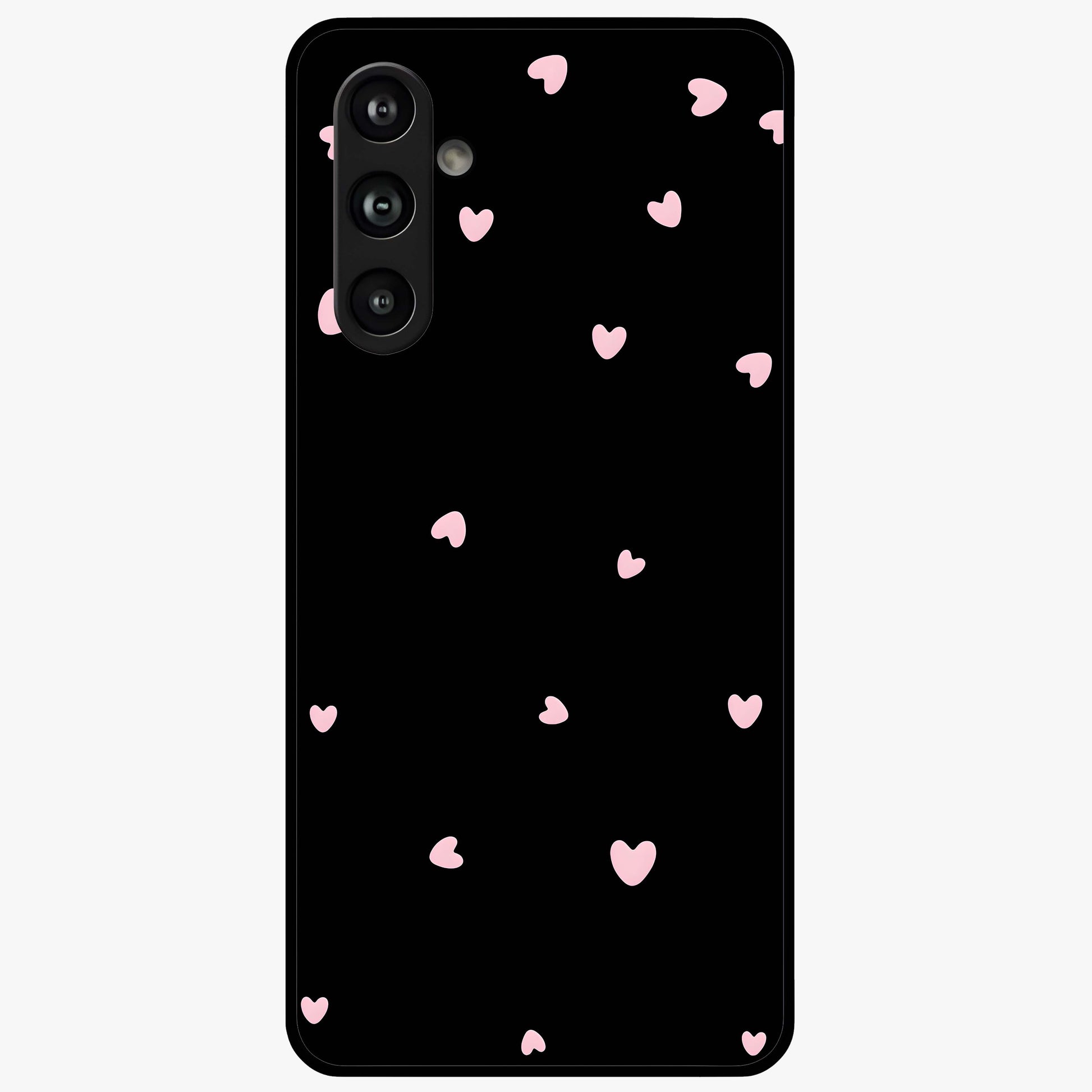 Pink Love Drops Glass Case showing flat back view with playful pink heart drops artwork and glossy glass finish.