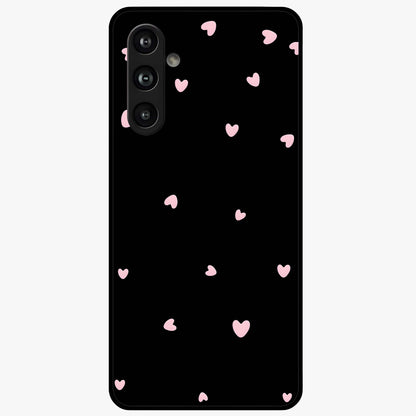 Pink Love Drops Glass Case showing flat back view with playful pink heart drops artwork and glossy glass finish.