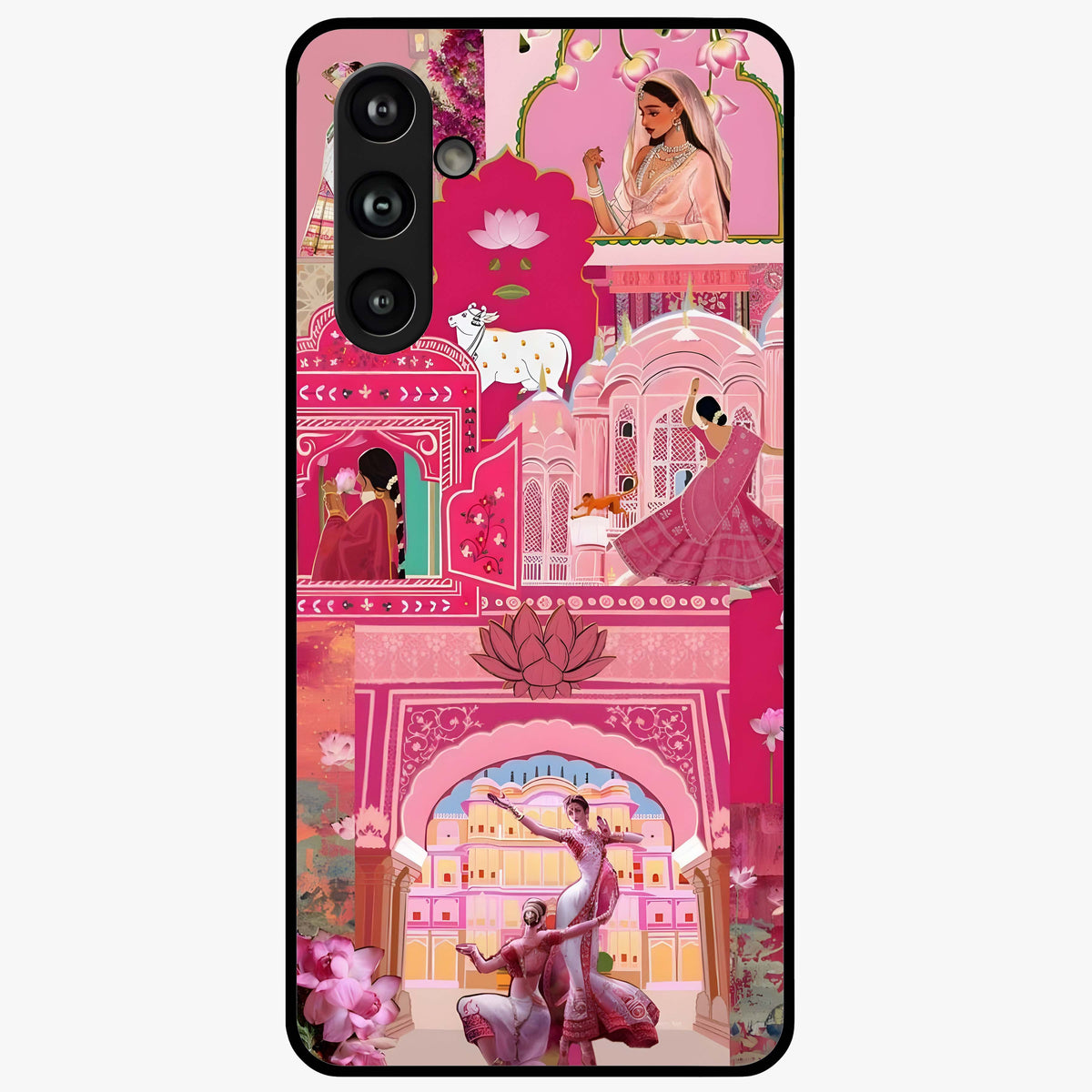 Pink Palace Muse Glass Case showing flat back view with elegant palace inspired artwork and glossy glass finish.